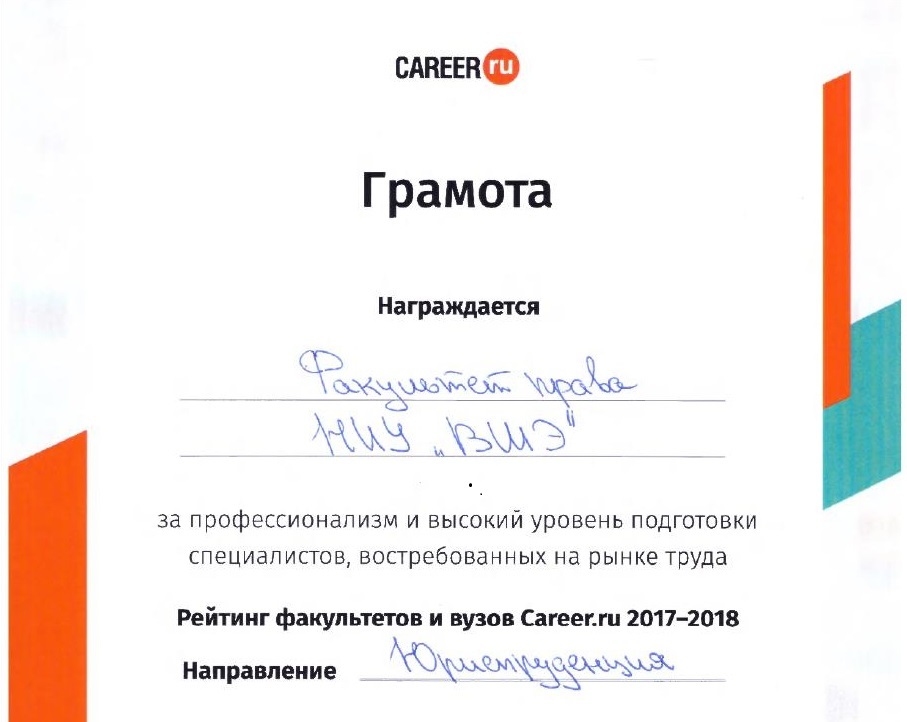 Сайт по поиску работы и стажировок для студентов и молодых специалистов Career.ru отметил профессионализм и высокий уровень подготовки специалистов на Факультете права за 2017-2018 годы